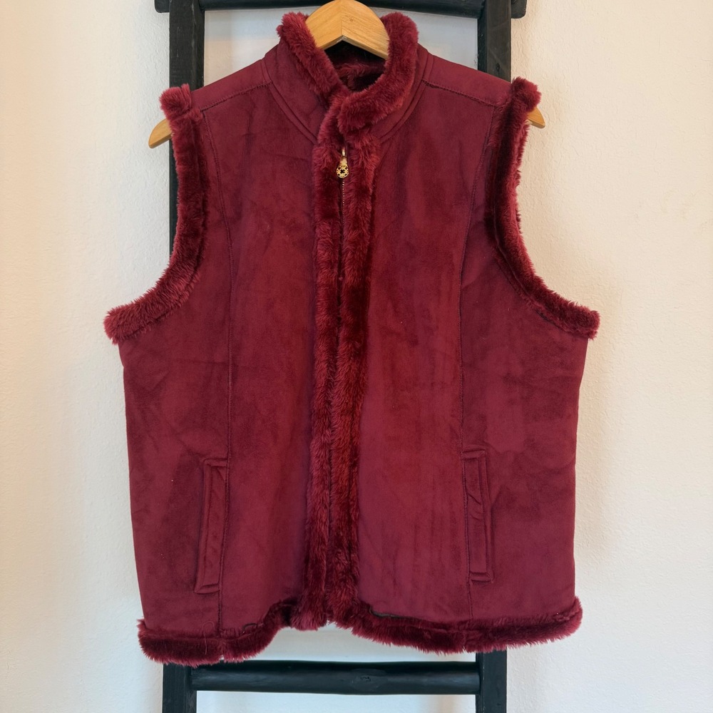 Jaclyn Smith Burgundy Faux Suede Fur Trimmed Vest Women's Plus Size XXL‎